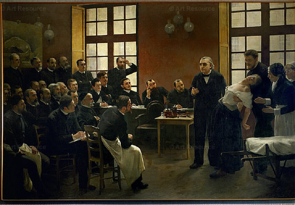 Enseignement de Charcot à la Salpêtrière : le professeur montrant à ses élèves sa plus fidèle patiente, « Blanche », en crise d'”hystérie”. Une leçon clinique à la Salpêtrière, 1887).